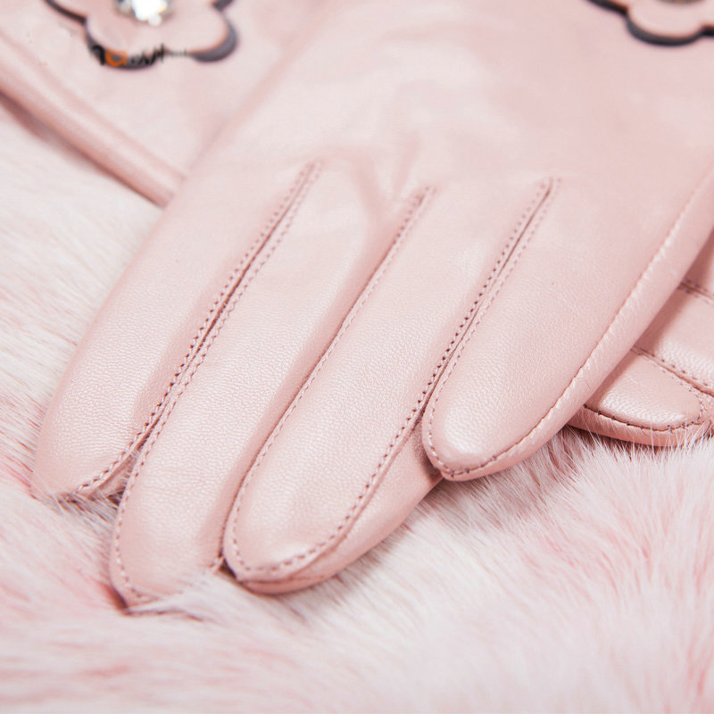 Allfond women winter waterproof cold-proof warm flower wool genuine goatskin leather gloves L - Pink