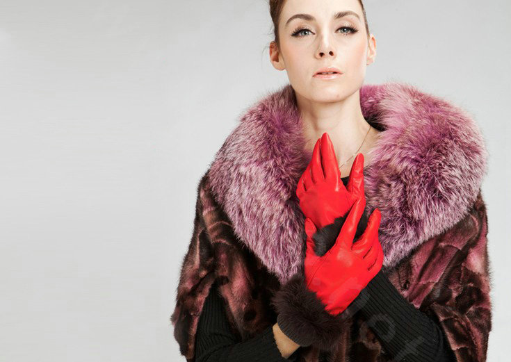 Allfond women winter waterproof cold-proof warm rabbit fur genuine goatskin leather gloves M - Red