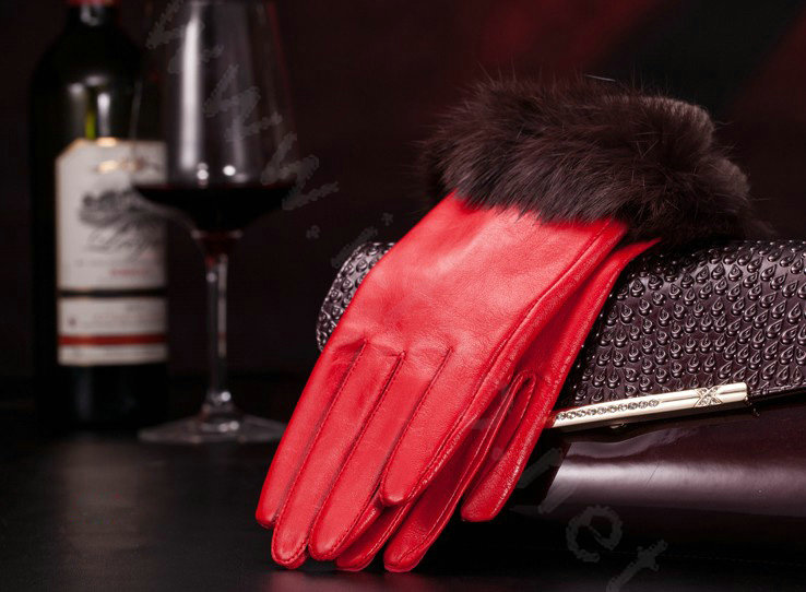 Allfond women winter waterproof cold-proof warm rabbit fur genuine goatskin leather gloves M - Red
