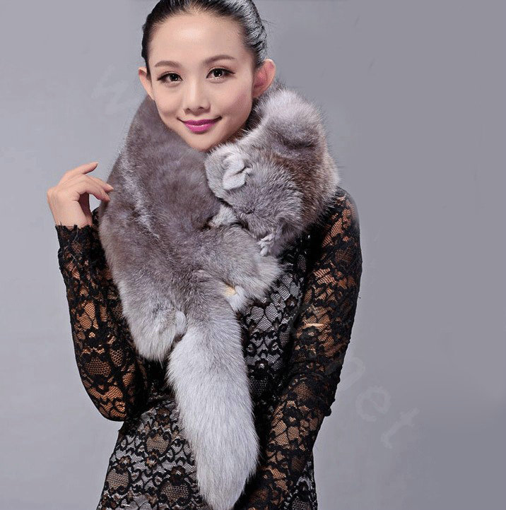 Fox fur scarf fashion Women Whole fox fur shawl winter warm tippet neck wrap - Dark gray