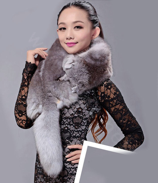 Fox fur scarf fashion Women Whole fox fur shawl winter warm tippet neck wrap - Dark gray