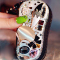 Fox flower Crystal Auto Key Bag Pocket Genuine Leather camber Car Key Case Key Chain - White