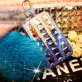 Luxury Crystal Auto Key Bag Pocket Genuine Leather Car Key Case fur ball Key Chain - Blue