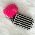 Stripe Crystal Auto Key Bag Pocket Genuine Leather Car Key Case fur ball Key Chain - Black