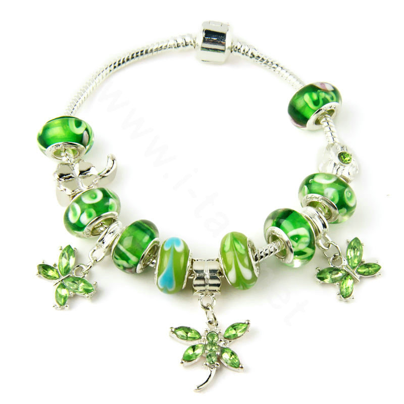 925 Silver Charm Bracelets for Women Butterfly Green Crystal Murano Glass Beads Jewelry