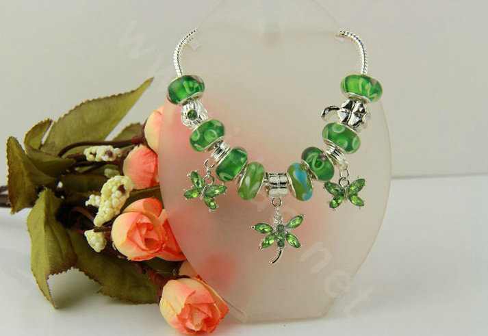925 Silver Charm Bracelets for Women Butterfly Green Crystal Murano Glass Beads Jewelry