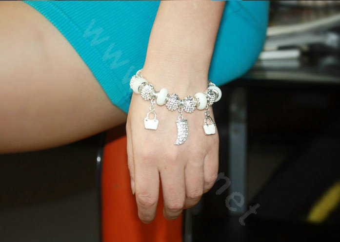925 Silver Crystal Charm Bracelets for Women Snake Chain White Murano Glass Beads Jewelry