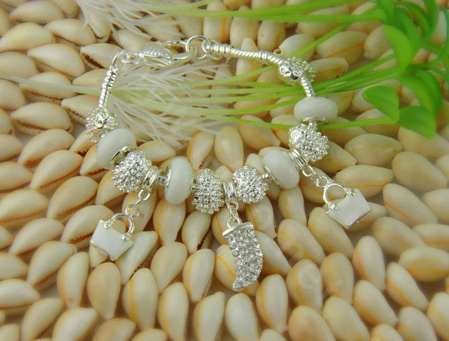 925 Silver Crystal Charm Bracelets for Women Snake Chain White Murano Glass Beads Jewelry