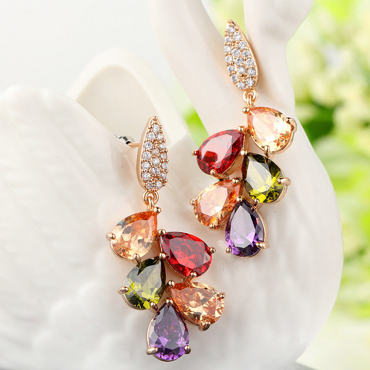 Fashion 18K Rose Gold Plated Drop Earrings Mona Lisa for Women Multicolor Crystal CZ Stones