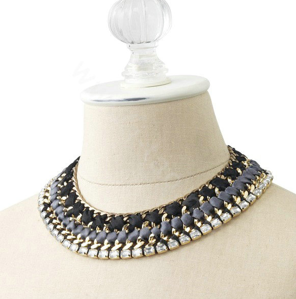 Luxury Crystal Alloy handwoven Pendant Choker Bib Statement Necklace Women Jewelry - Black