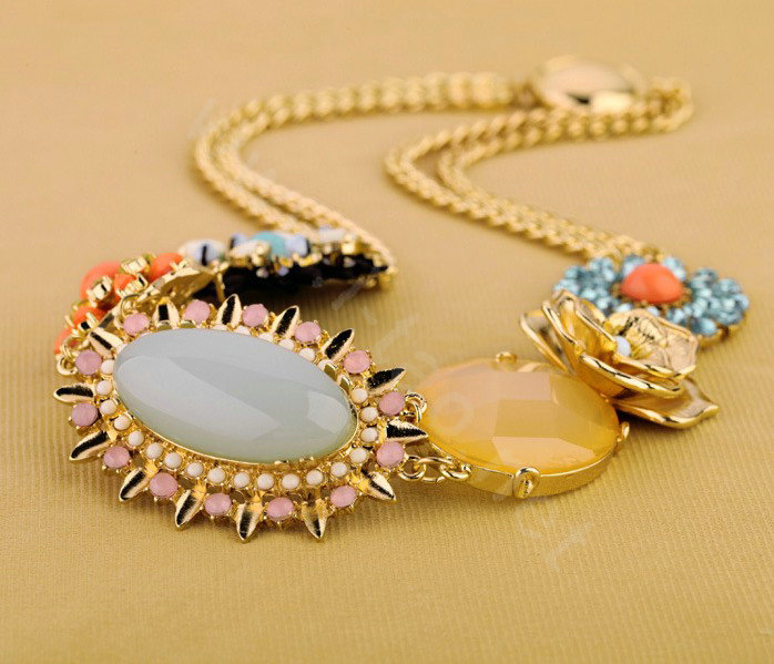 Luxury Crystal Blue Gemstone Alloy Flower Pendant Choker Bib Statement Necklace Women Jewelry