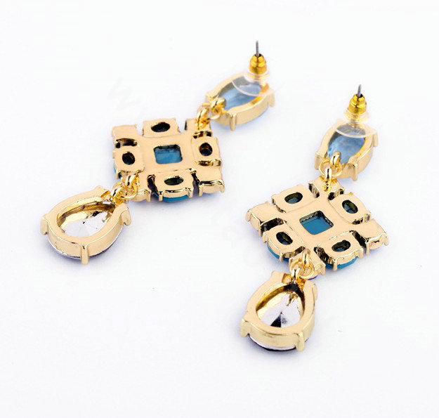 Luxury Crystal Blue Gemstone Raindrop Stud Earrings Gold Plated Women Fashion Jewelry