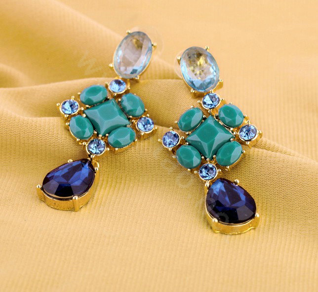 Luxury Crystal Blue Gemstone Raindrop Stud Earrings Gold Plated Women Fashion Jewelry