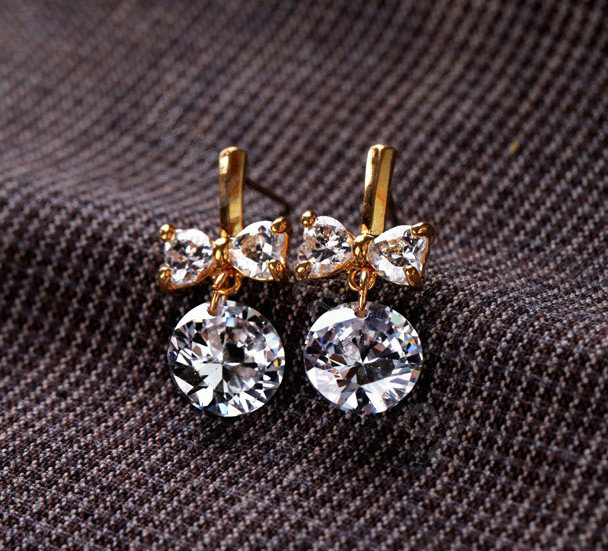 Luxury Crystal Bowknot 14K Gold Stud Earrings Women Fashion Jewelry