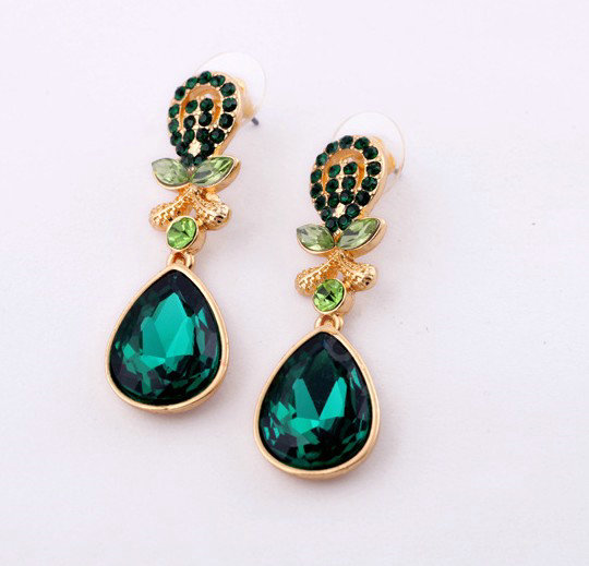 Luxury Crystal Green Gemstone Raindrop Stud Earrings Gold Plated Women Fashion Jewelry