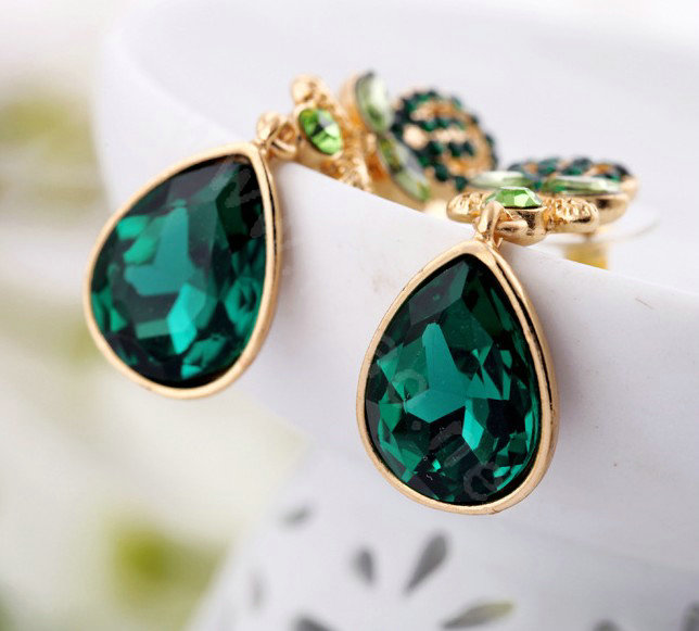 Luxury Crystal Green Gemstone Raindrop Stud Earrings Gold Plated Women Fashion Jewelry