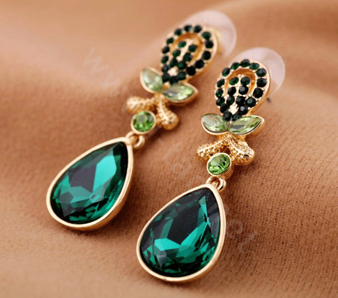 Luxury Crystal Green Gemstone Raindrop Stud Earrings Gold Plated Women Fashion Jewelry