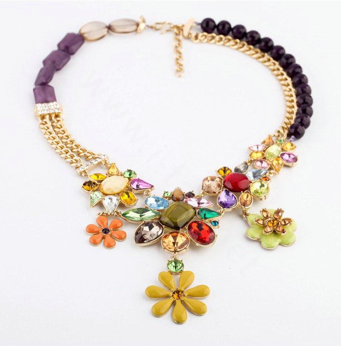 Luxury Crystal Multicolor Gemstone Alloy Flower Pendant Choker Bib Statement Necklace Women Jewelry