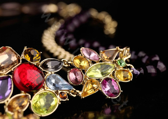 Luxury Crystal Multicolor Gemstone Alloy Flower Pendant Choker Bib Statement Necklace Women Jewelry