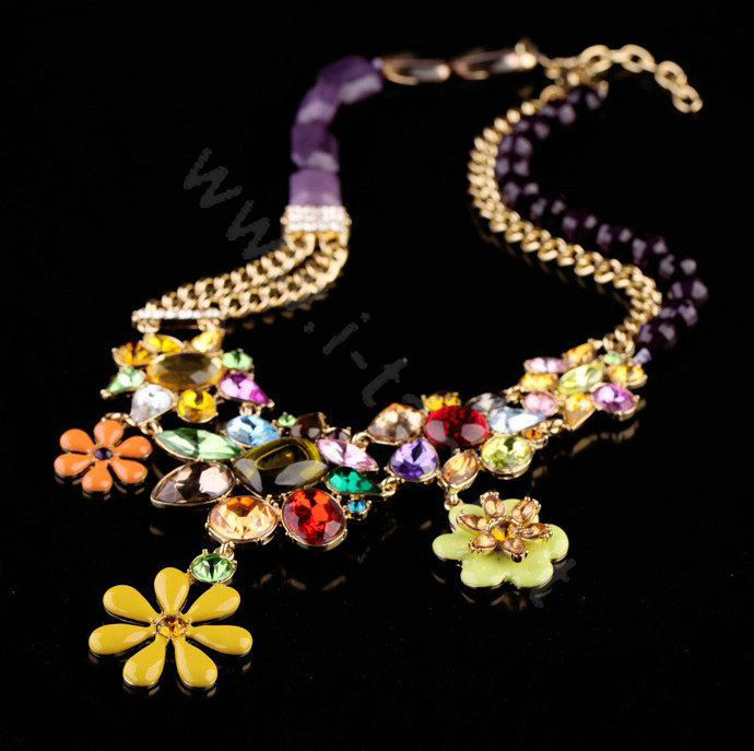 Luxury Crystal Multicolor Gemstone Alloy Flower Pendant Choker Bib Statement Necklace Women Jewelry