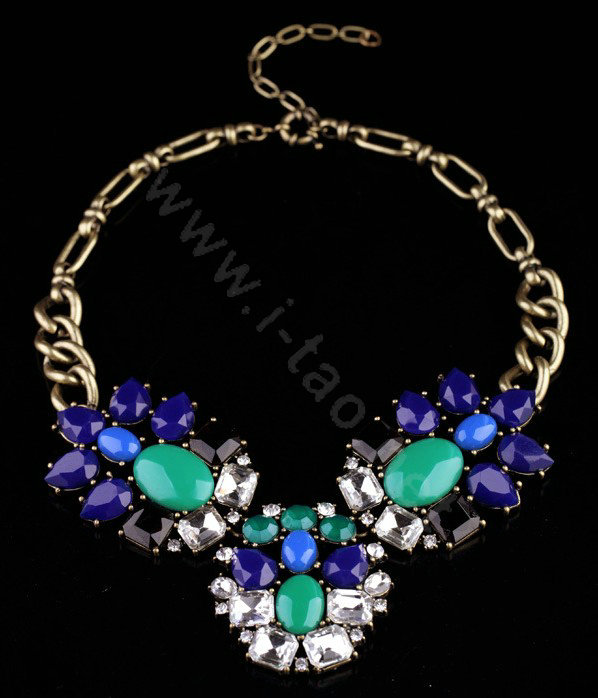 Luxury Crystal Retro Blue Gemstone charm Pendant Choker Bib Statement Necklace Women Jewelry