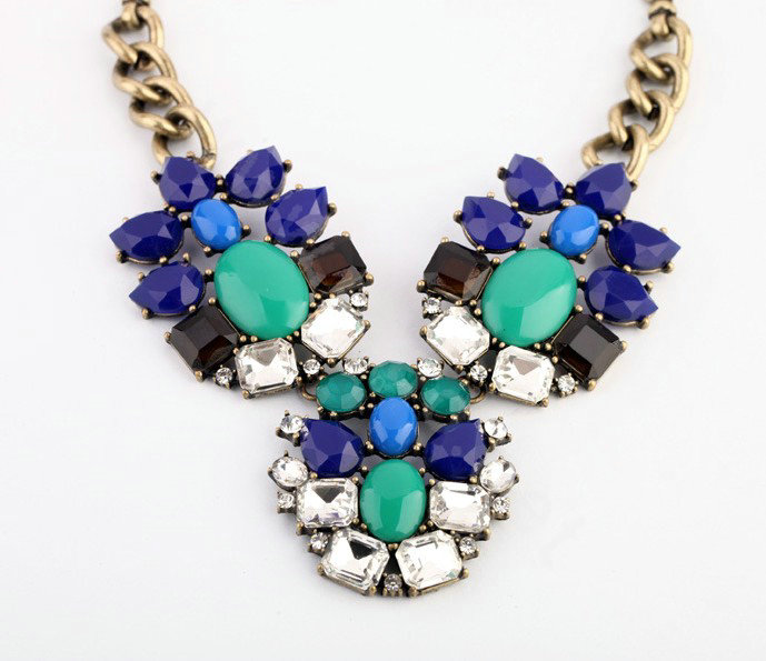 Luxury Crystal Retro Blue Gemstone charm Pendant Choker Bib Statement Necklace Women Jewelry