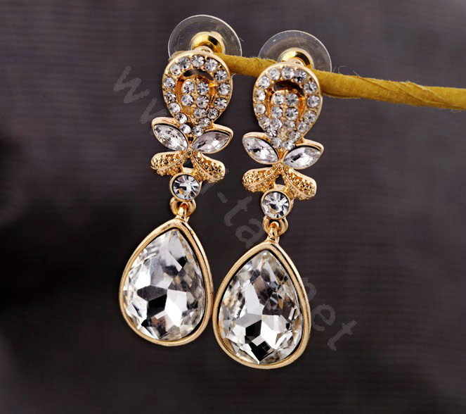 Luxury Crystal White Gemstone Raindrop Stud Earrings Gold Plated Women Fashion Jewelry