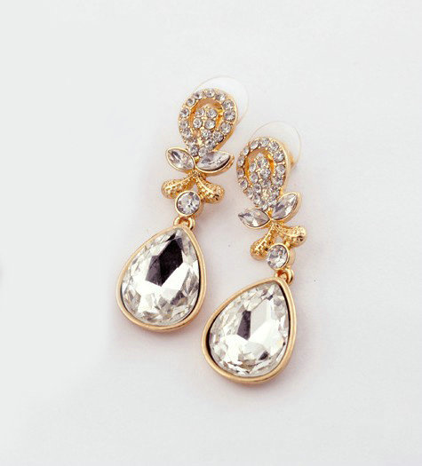 Luxury Crystal White Gemstone Raindrop Stud Earrings Gold Plated Women Fashion Jewelry