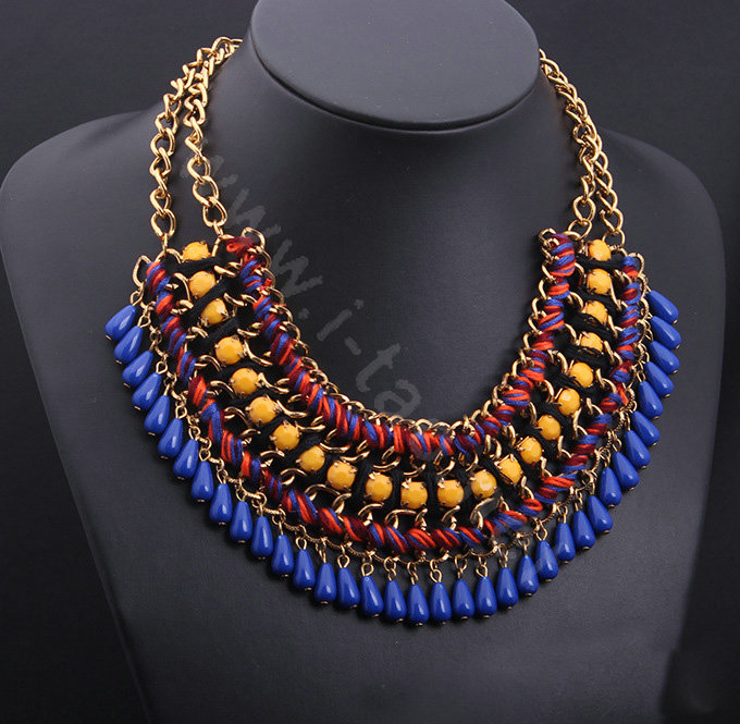 Luxury Exaggeration Retro Weave Women Choker Gem Tassel Bib Necklace Jewelry - Navy