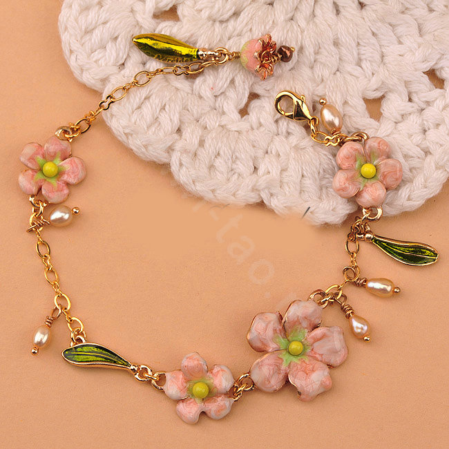 Luxury Fashion Women Romantic Flower Natural Pearl Bracelet Jewelry - Pink