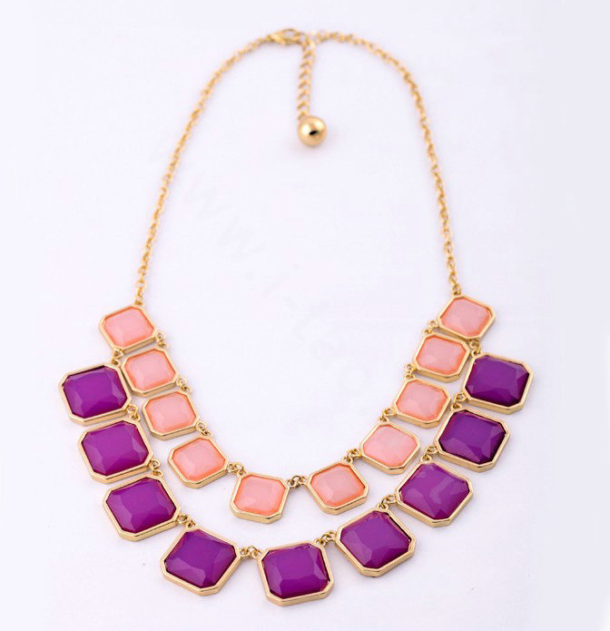 Luxury Multilayer geometry Gemstone Pendant Choker Bib Statement Necklace Women Jewelry - Purple