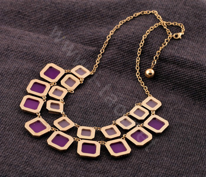 Luxury Multilayer geometry Gemstone Pendant Choker Bib Statement Necklace Women Jewelry - Purple