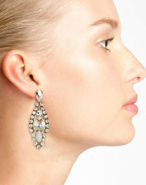 Retro Unique White Crystal Leaves Stud Earrings Gold Plated Women Fashion Jewelry