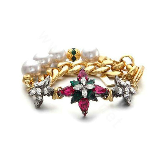 Women Retro Exaggeration Flower Crystal Pearl Chain Bracelet Jewelry - Gold