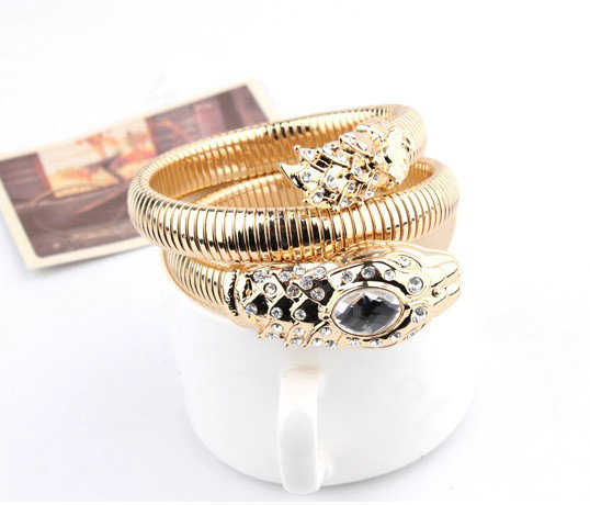 Women Retro Exaggeration Multilayer Rhinestone Crystal Snake Bracelet Jewelry - Gold