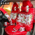 Ayrg Bowknot Floral Lace Universal Auto Car Seat Covers Velvet Plush Full Set 19pcs - Red