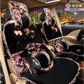 Bowknot Lace flower print Universal Automobile Car Seat Cover Cushion Plush 7pcs - Black