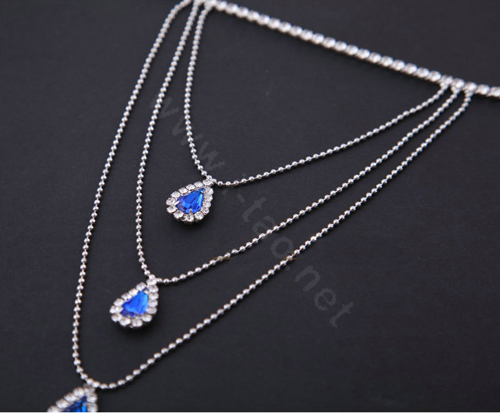 Elegant Multilayer Blue Raindrop Crystal Wedding Bridal Shoulder Chain Strap Shawl Necklace jewelry
