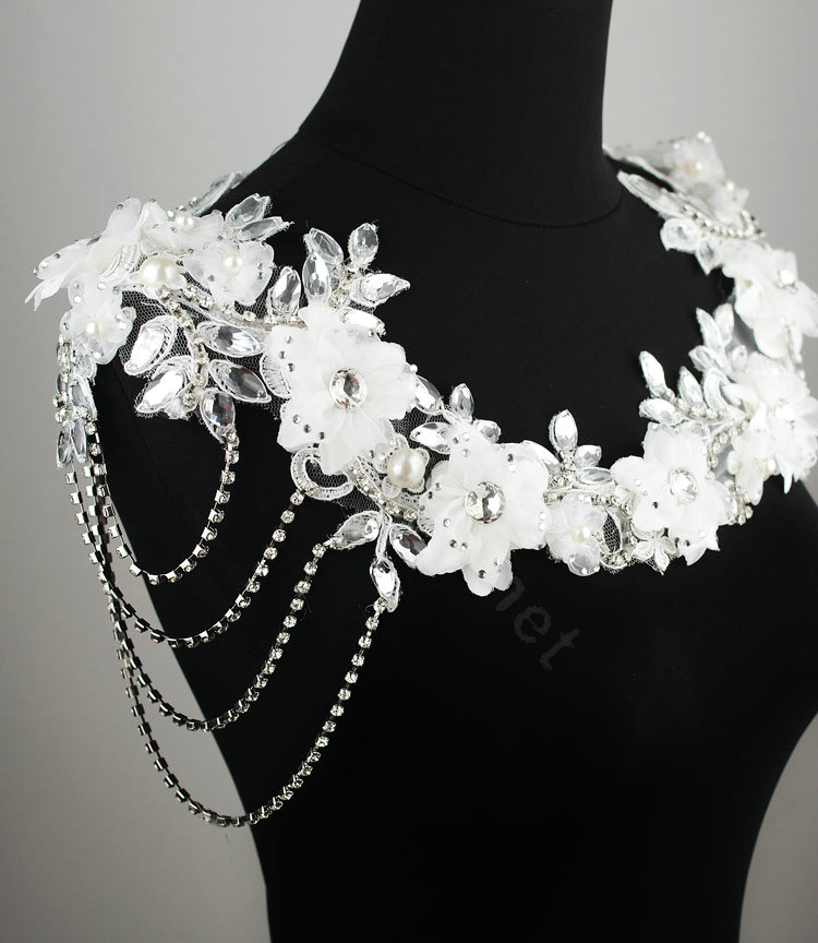 Luxury Crystal  Handmade Lace Flower Wedding Bridal Shoulder Chain Strap Shawl Necklace jewelry