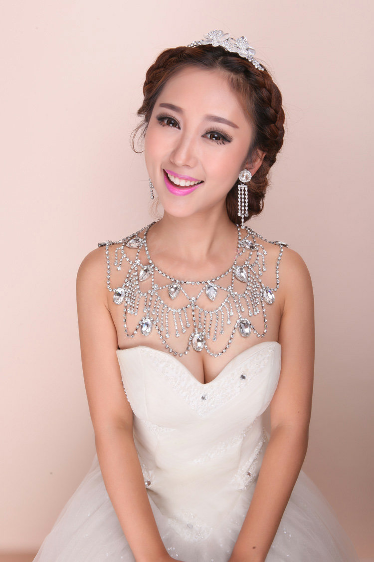 Luxury Crystal  Raindrop Tassel Wedding Bridal Shoulder Chain Strap Shawl Necklace jewelry