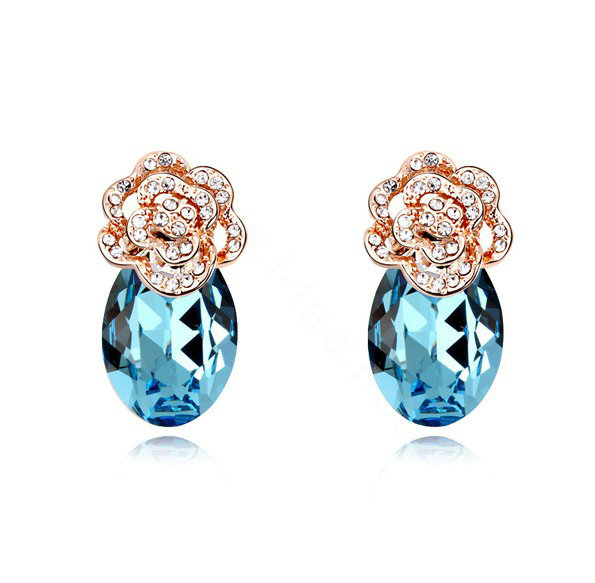 Swarovskii Crystal Blue Rhinestone Flower Stud Earring Women Fashion Jewelry
