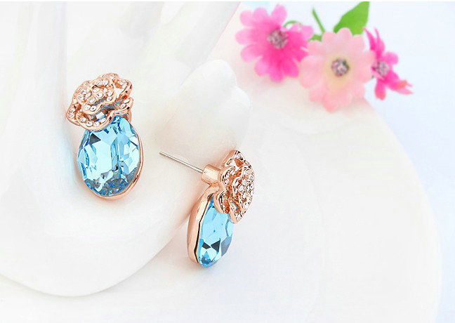 Swarovskii Crystal Blue Rhinestone Flower Stud Earring Women Fashion Jewelry