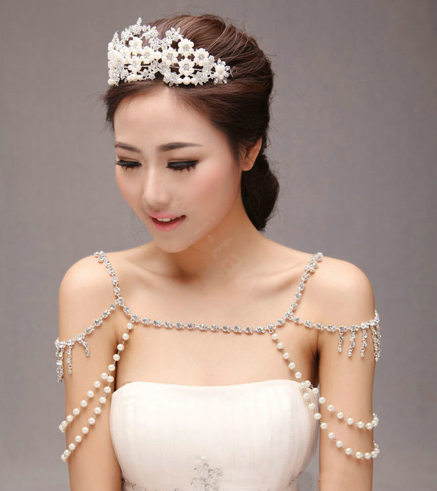 Unique Luxury Crystal Pearl Wedding Bridal Shoulder Chain Strap Shawl Necklace jewelry