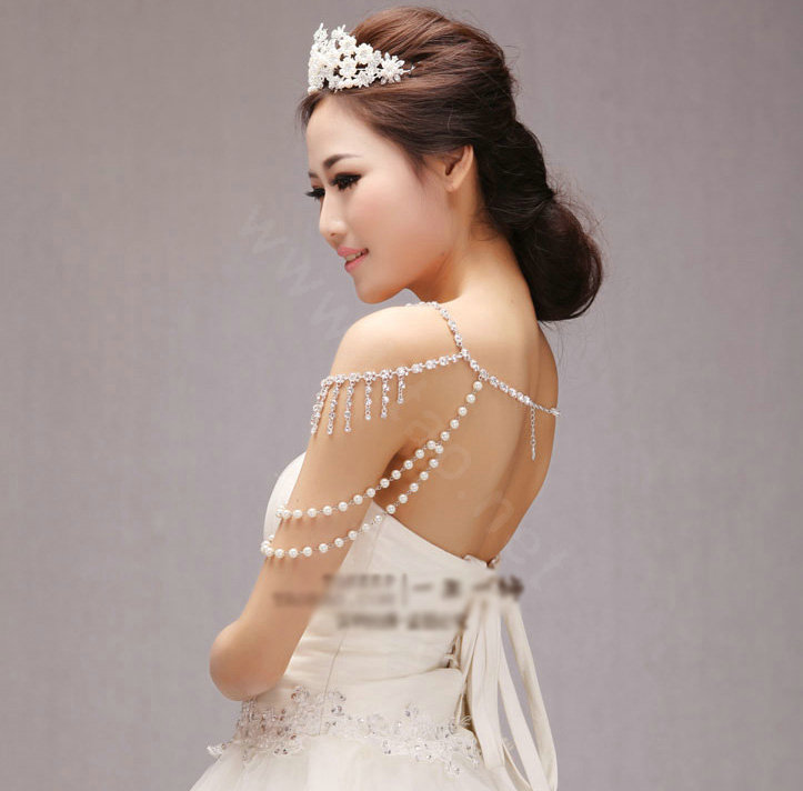 Unique Luxury Crystal Pearl Wedding Bridal Shoulder Chain Strap Shawl Necklace jewelry