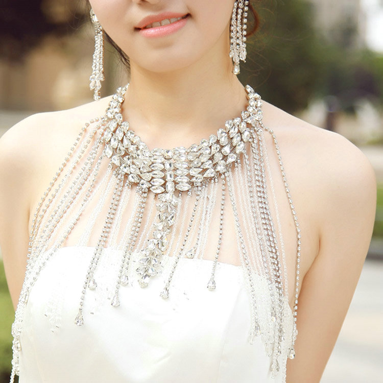 Unique Luxury Crystal Tassel Wedding Bridal Shoulder Chain Strap Shawl Necklace jewelry
