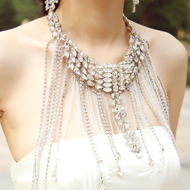 Unique Luxury Crystal Tassel Wedding Bridal Shoulder Chain Strap Shawl Necklace jewelry
