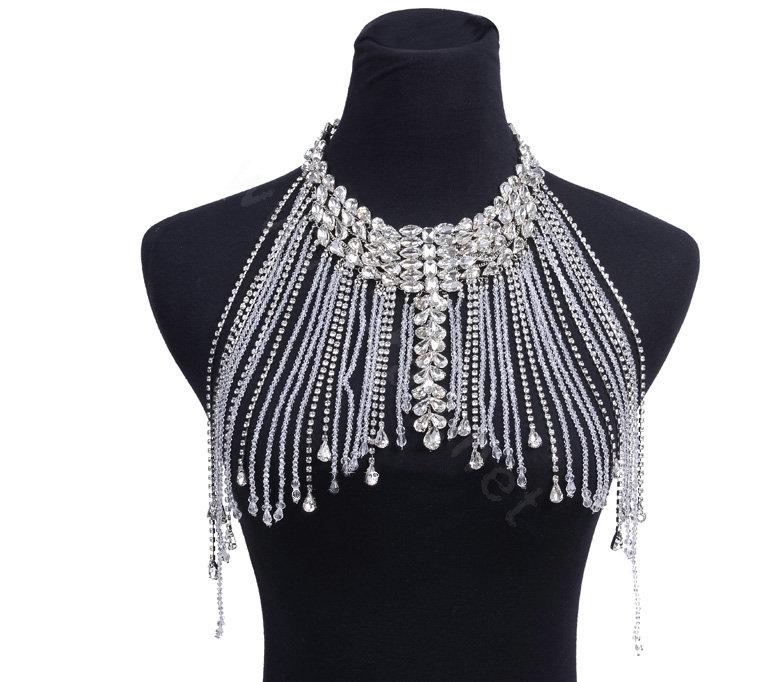 Unique Luxury Crystal Tassel Wedding Bridal Shoulder Chain Strap Shawl Necklace jewelry