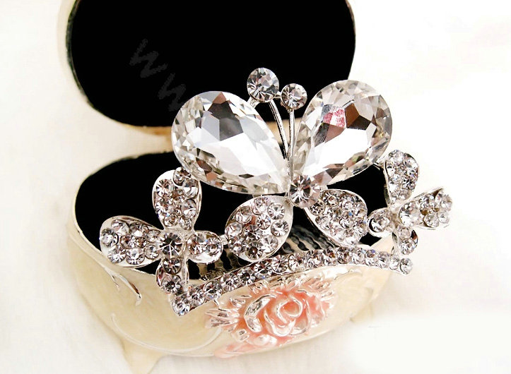 Classic Bride Butterfly Rhinestone Crystal Bridal Hair Crowns Tiaras Combs Wedding Accessories