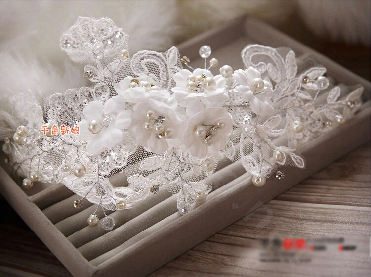 High Quality Rhinestone Pearl Lace Flower Hairwear Wedding Bride Headband Bridal Hair Accessories
