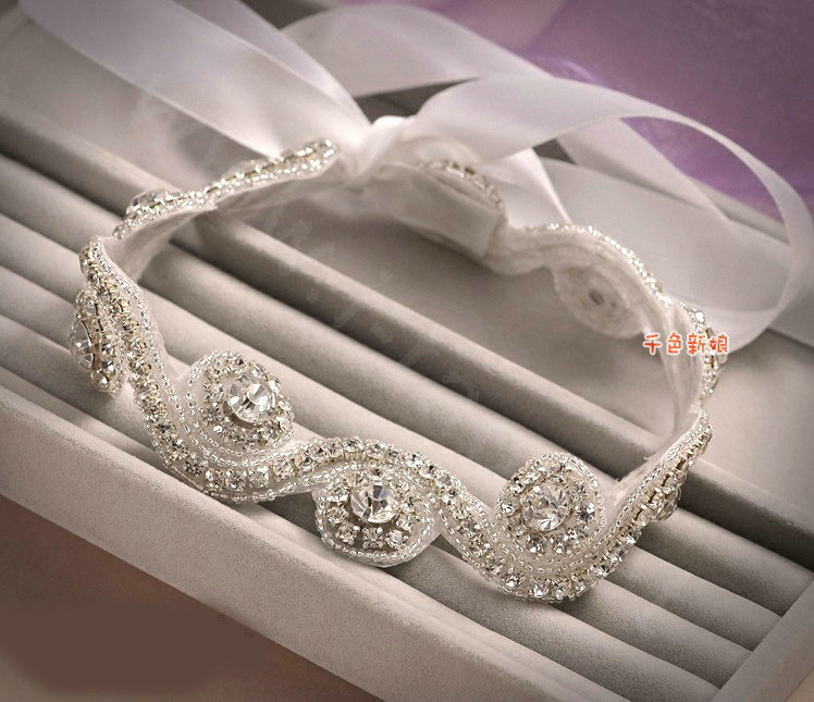 Luxury Rhinestone Lace Hairwear Ribbon Wedding Bride Headband Bridal Hair Accessories